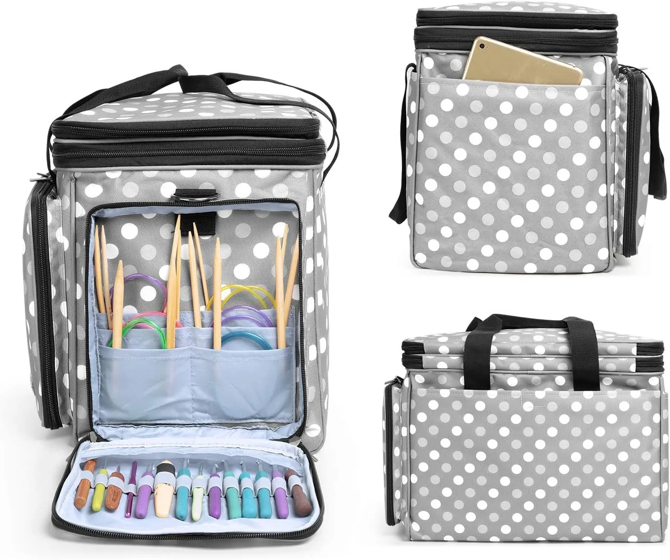 LUXJA Knitting Bag, Yarn Bag with Cover and Shoulder Strap, Yarn Tote Bag for Carrying Projects, Knitting Needles (up to 14”), Circular Needles, Crochet Hooks and Other Accessories, Gray Dots