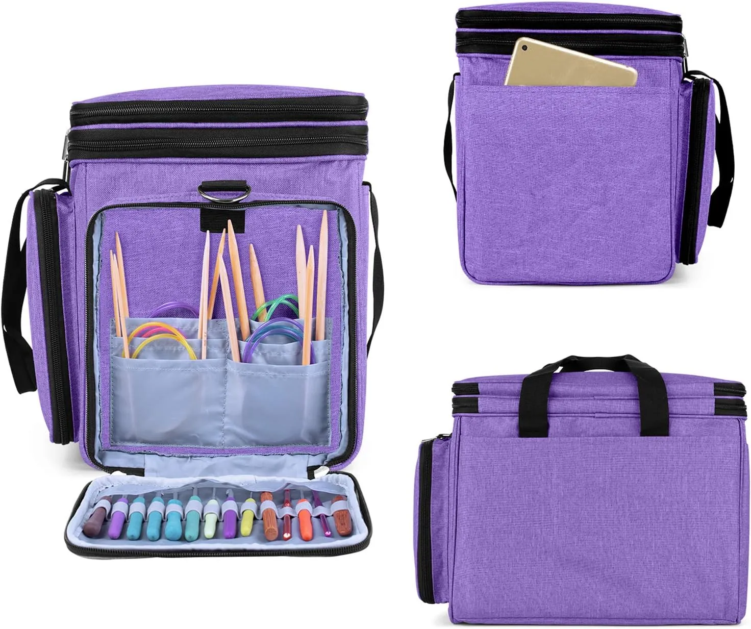 LUXJA Knitting Bag, Yarn Bag with Cover and Shoulder Strap, Yarn Tote Bag for Carrying Projects, Knitting Needles (up to 14”), Circular Needles, Crochet Hooks and Other Accessories, Purple