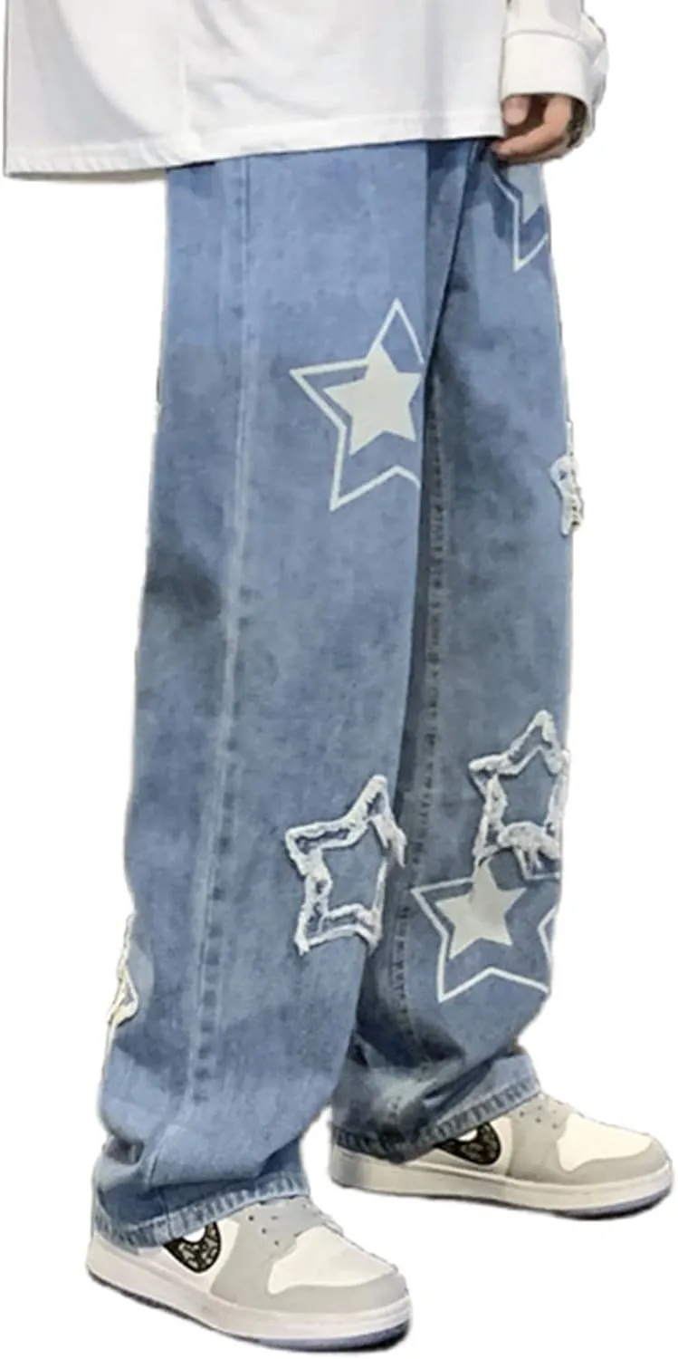 MAEHARRT Y2K Baggy Jeans for Men Star Graphic Hip Hop Pants Loose Fit Denim Pants Casual Streetwear