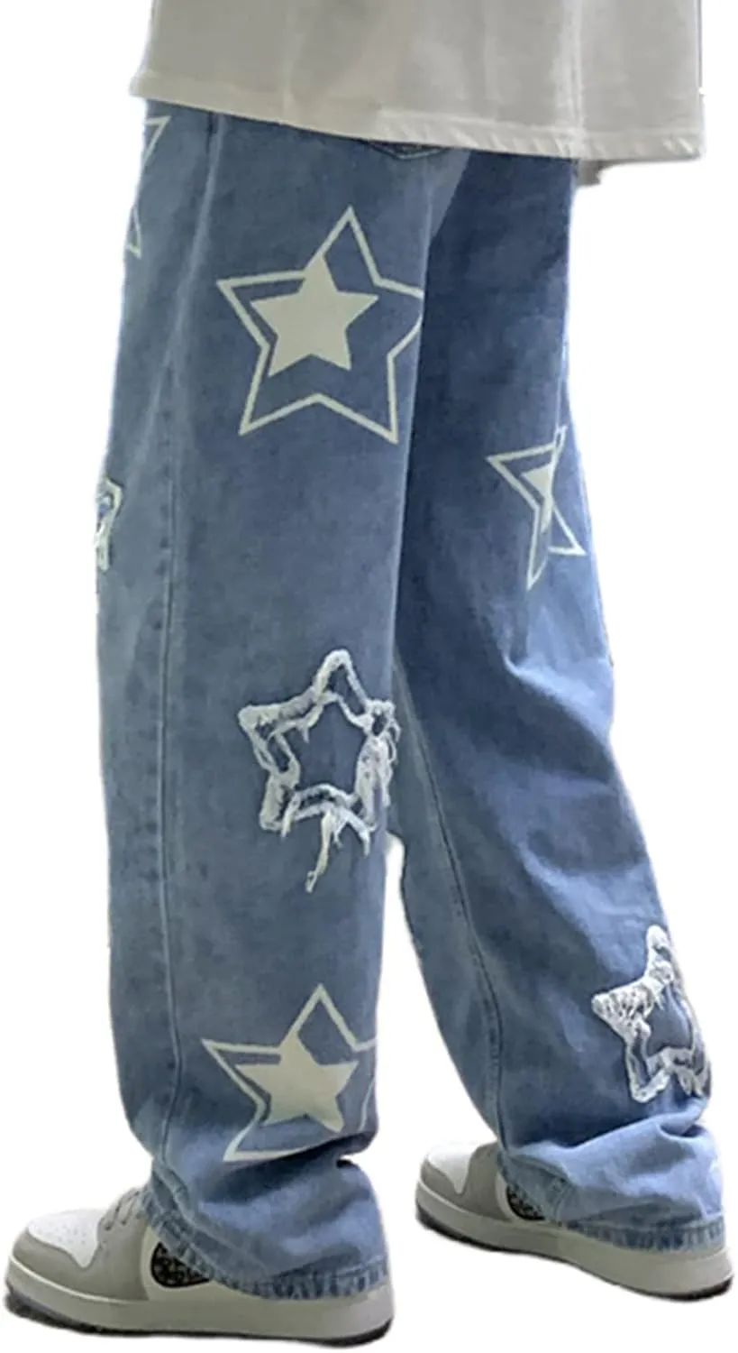 MAEHARRT Y2K Baggy Jeans for Men Star Graphic Hip Hop Pants Loose Fit Denim Pants Casual Streetwear