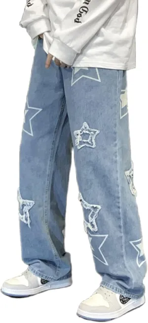MAEHARRT Y2K Baggy Jeans for Men Star Graphic Hip Hop Pants Loose Fit Denim Pants Casual Streetwear