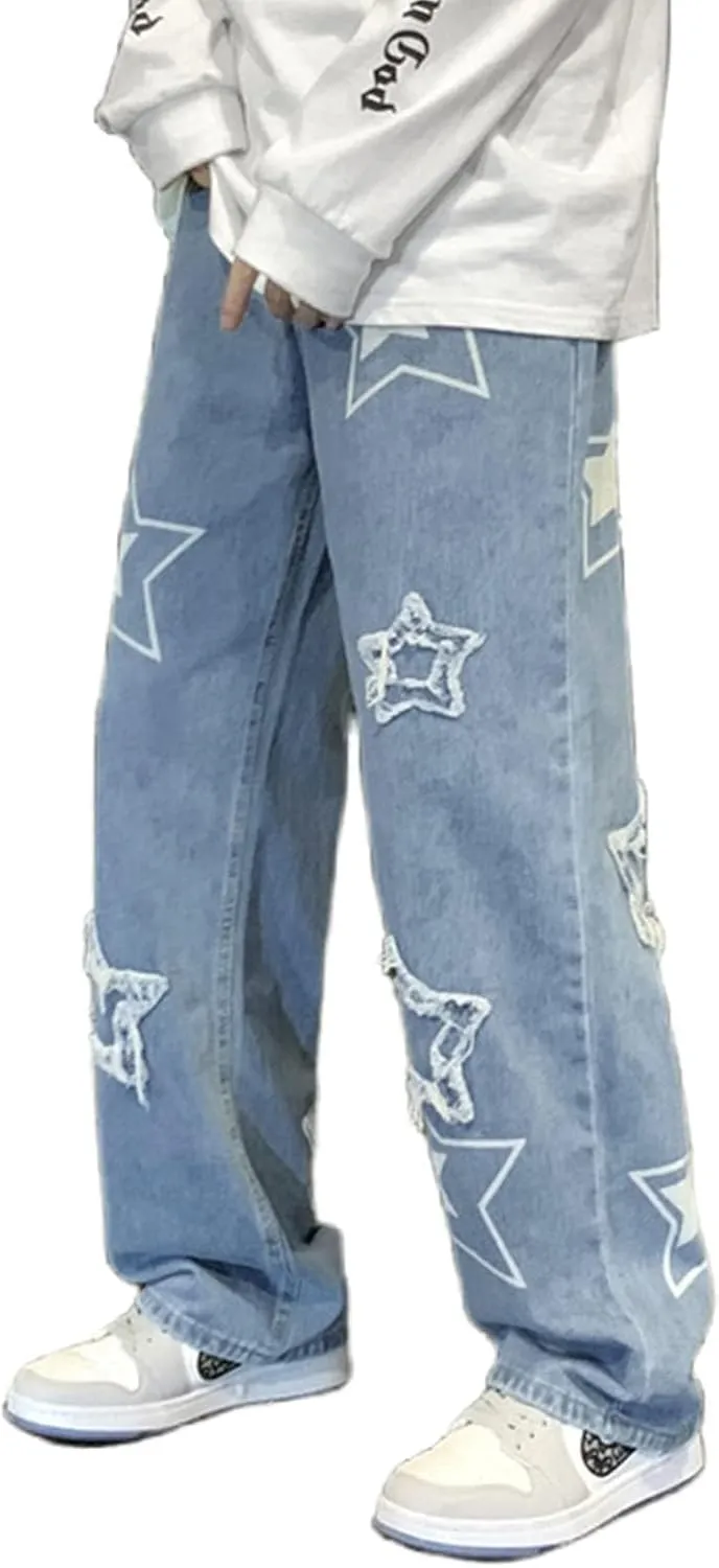 MAEHARRT Y2K Baggy Jeans for Men Star Graphic Hip Hop Pants Loose Fit Denim Pants Casual Streetwear