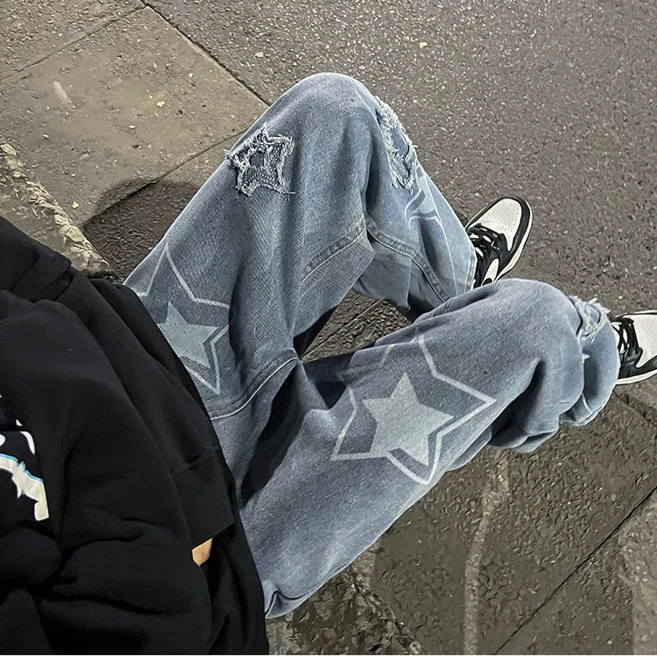MAEHARRT Y2K Baggy Jeans for Men Star Graphic Hip Hop Pants Loose Fit Denim Pants Casual Streetwear