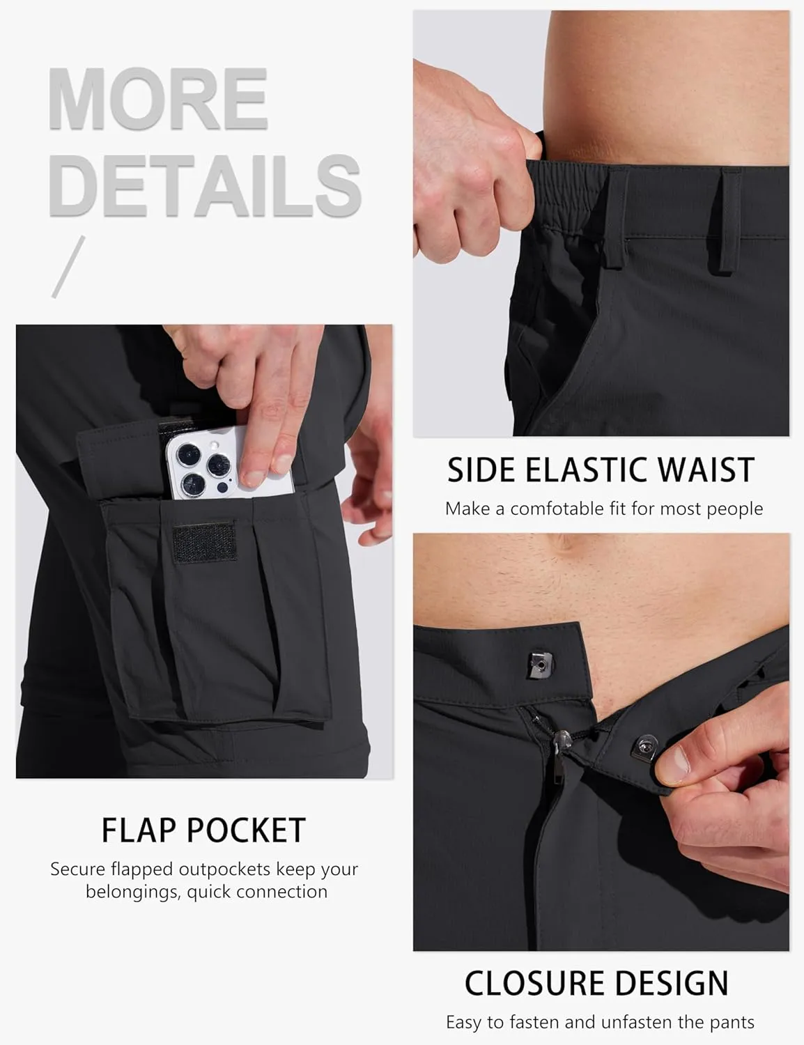 MAGCOMSEN Mens Hiking Convertible Pants 5 Pockets Zip Off Lightweight Water Resistant Quick Dry Side Elastic Travel Pant