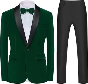 MAGE MALE Men's 2 Piece Velvet Suit Peak Lapel One Button Slim Fit Tuxedo Blazer Party Dinner Jacket & Pants