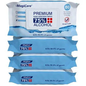 MagiCare 75% Large Alcohol Wipes (4-80ct Packs) - Alcohol Hand Sanitizing Wipes, Premium - Unscented Hand Wipe, Sanitizer Wipe - Travel, Home, Classroom, Camping - 4 Soft Packs (320pcs)