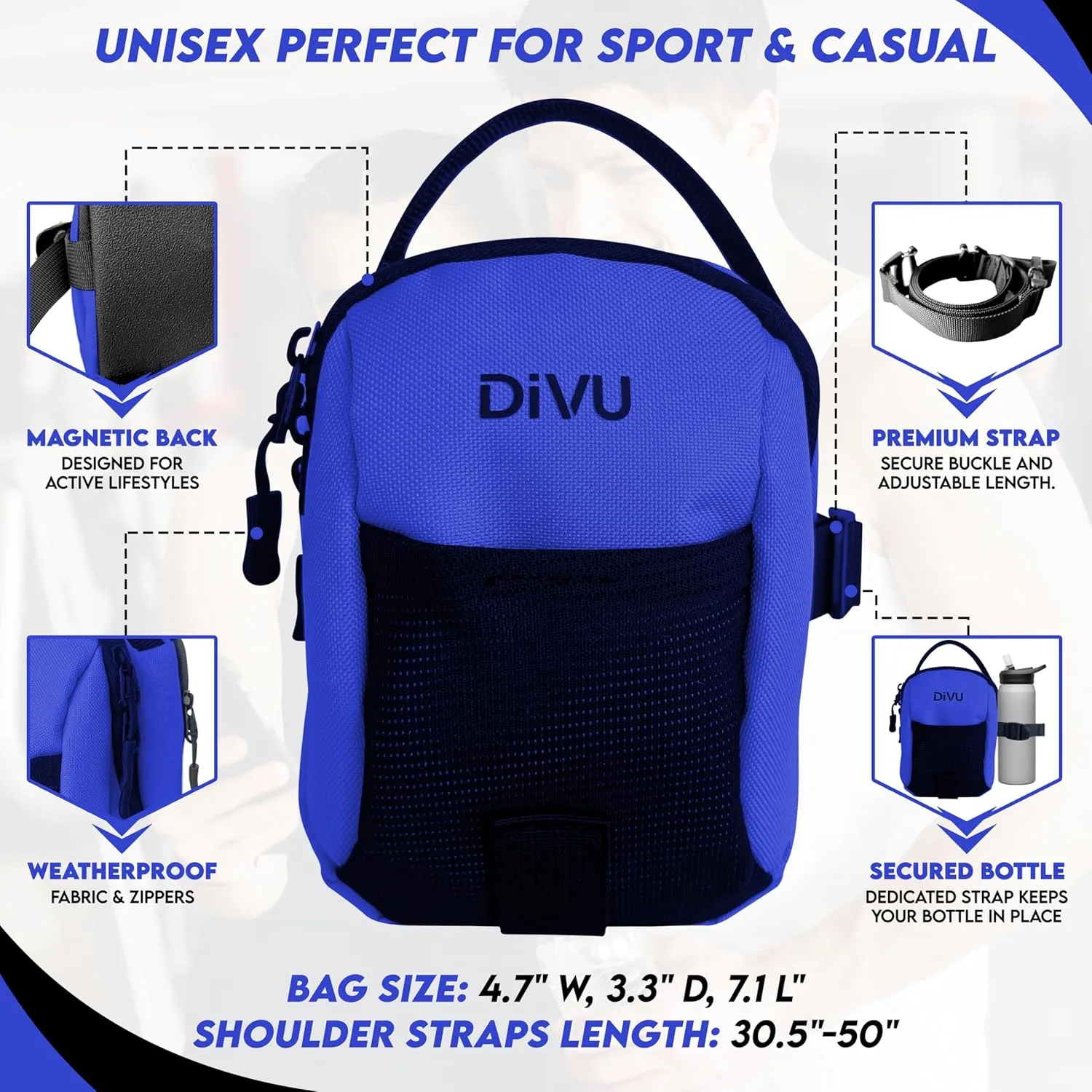 Magnetic Gym Bag for Men & Women | Crossbody Sling Bag | Small Workout Backpack with Magnetic Attachment | Keep Essentials Off Dirty Floors | Fanny Pack for Gym, Travel, Work, and Sports (Blue)