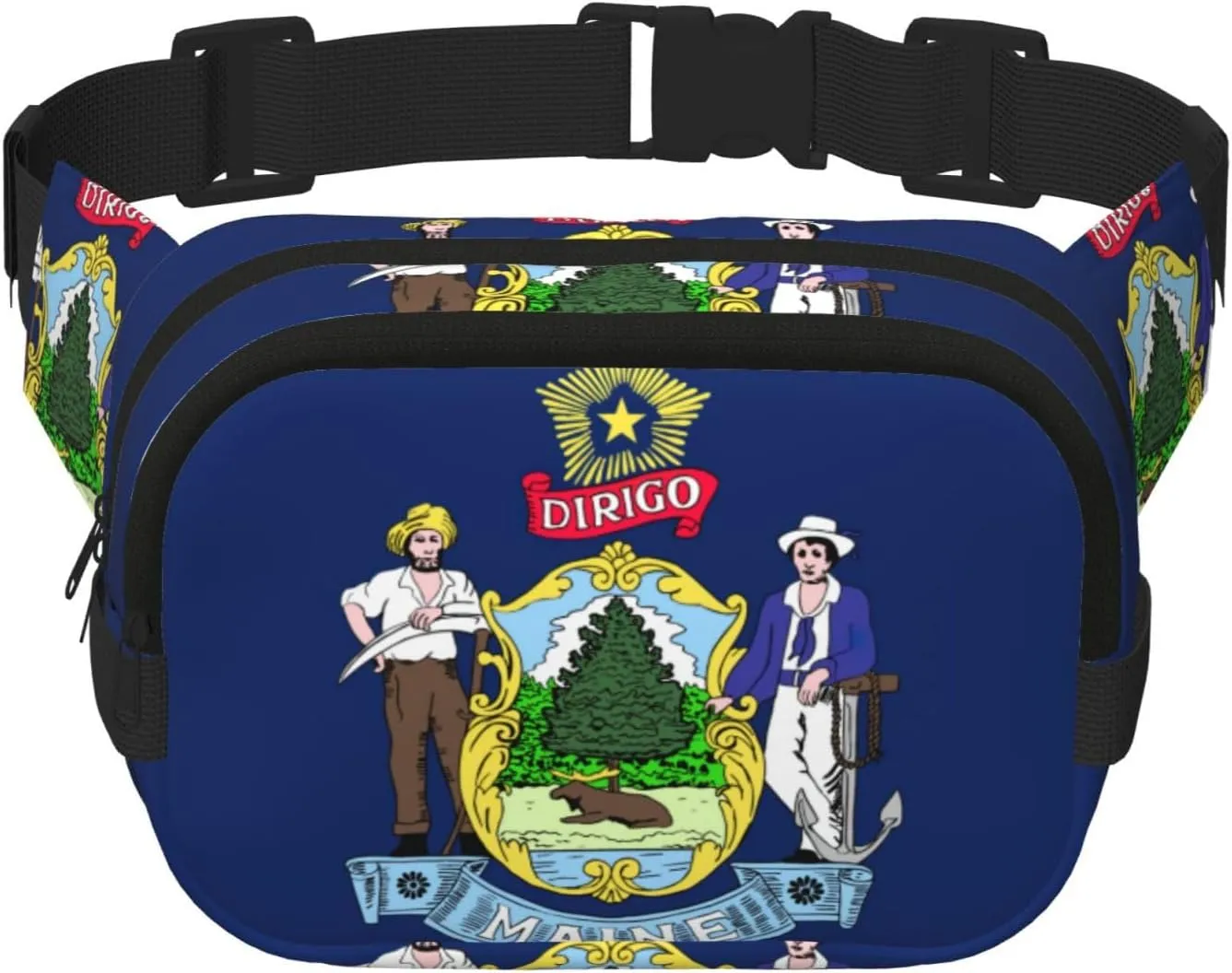 Maine State Flag Print Square Double Layer functionality Waist Bag Unisex Crossbody Pack Travel Workout