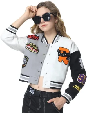 Mebius Girls Varsity Jacket Kids Tweed Letterman Baseball Outerwear Stripe Trim Contrast Sleeve School Coats
