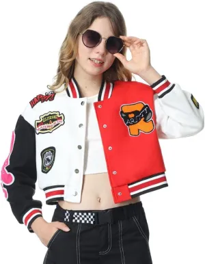 Mebius Girls Varsity Jacket Kids Tweed Letterman Baseball Outerwear Stripe Trim Contrast Sleeve School Coats