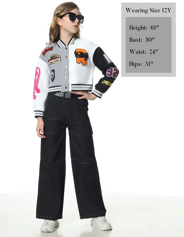 Mebius Girls Varsity Jacket Kids Tweed Letterman Baseball Outerwear Stripe Trim Contrast Sleeve School Coats