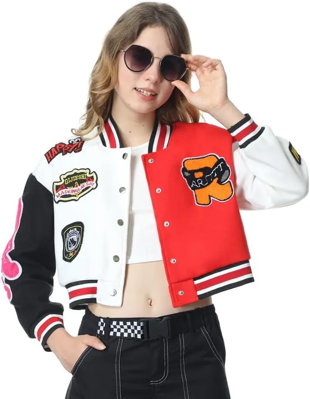 Mebius Girls Varsity Jacket Kids Tweed Letterman Baseball Outerwear Stripe Trim Contrast Sleeve School Coats