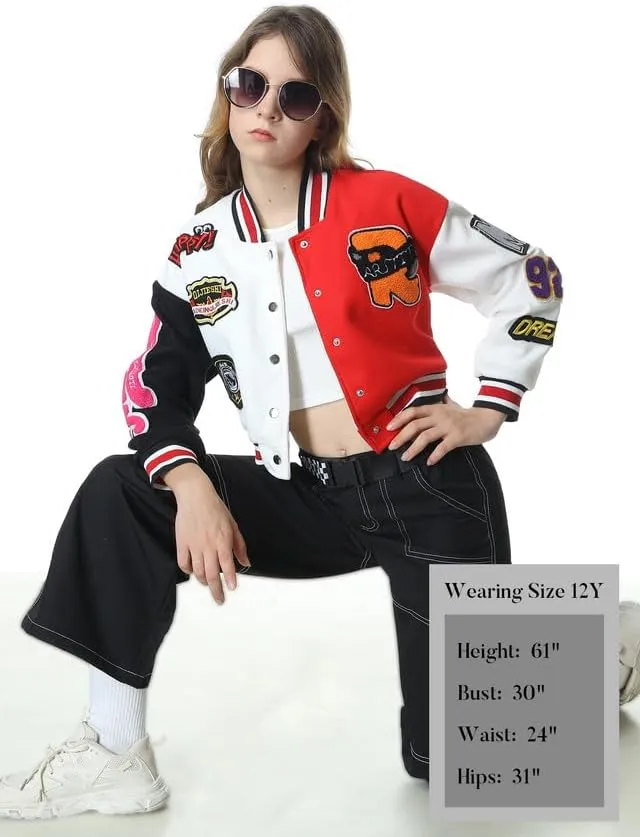 Mebius Girls Varsity Jacket Kids Tweed Letterman Baseball Outerwear Stripe Trim Contrast Sleeve School Coats