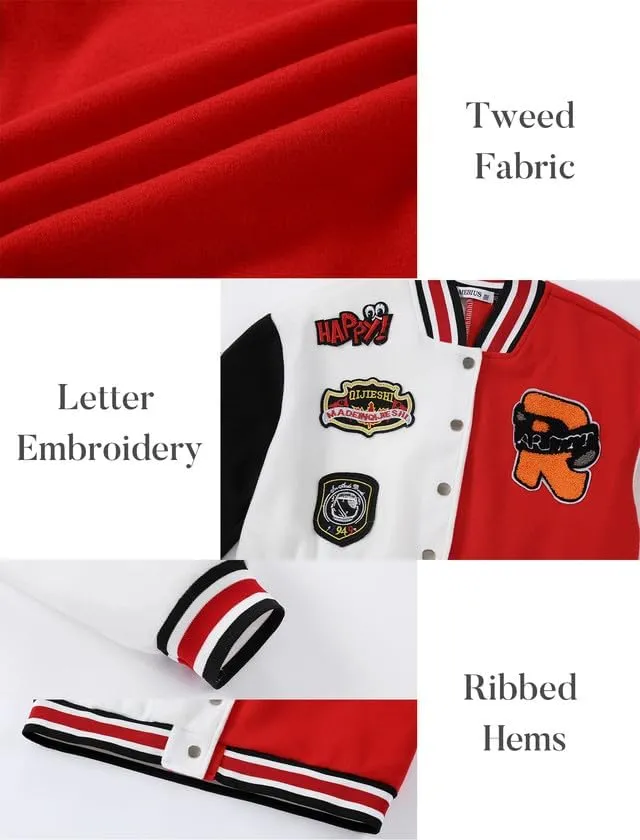 Mebius Girls Varsity Jacket Kids Tweed Letterman Baseball Outerwear Stripe Trim Contrast Sleeve School Coats