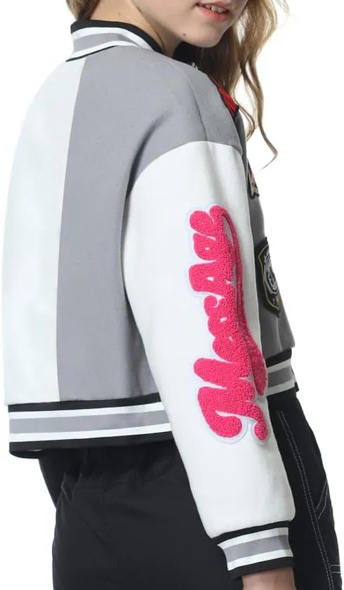 Mebius Girls Varsity Jacket Kids Tweed Letterman Baseball Outerwear Stripe Trim Contrast Sleeve School Coats