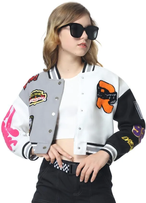 Mebius Girls Varsity Jacket Kids Tweed Letterman Baseball Outerwear Stripe Trim Contrast Sleeve School Coats