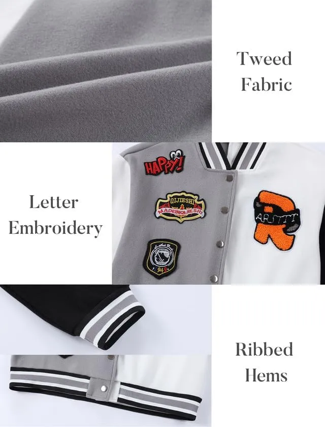 Mebius Girls Varsity Jacket Kids Tweed Letterman Baseball Outerwear Stripe Trim Contrast Sleeve School Coats