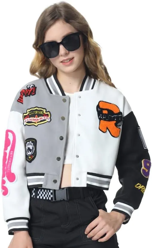 Mebius Girls Varsity Jacket Kids Tweed Letterman Baseball Outerwear Stripe Trim Contrast Sleeve School Coats