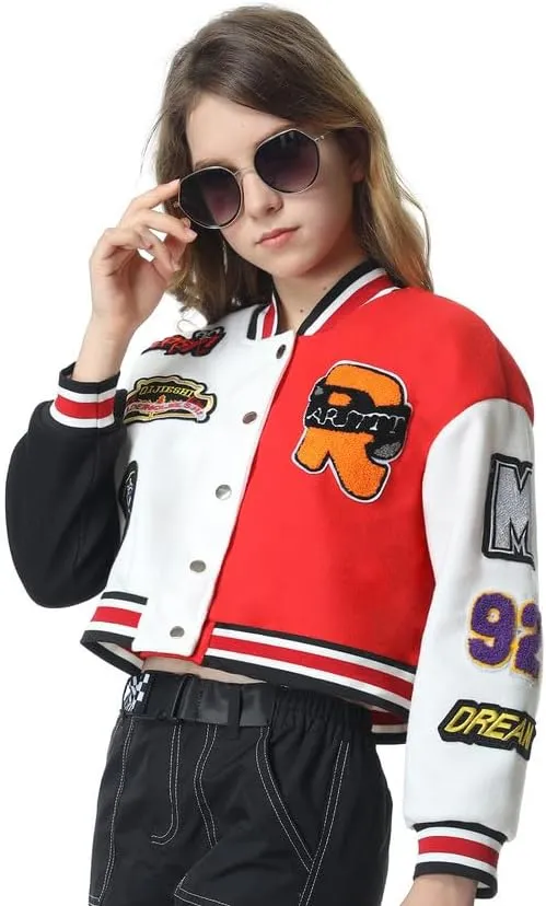 Mebius Girls Varsity Jacket Kids Tweed Letterman Baseball Outerwear Stripe Trim Contrast Sleeve School Coats
