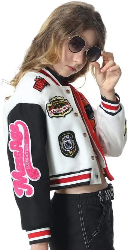 Mebius Girls Varsity Jacket Kids Tweed Letterman Baseball Outerwear Stripe Trim Contrast Sleeve School Coats