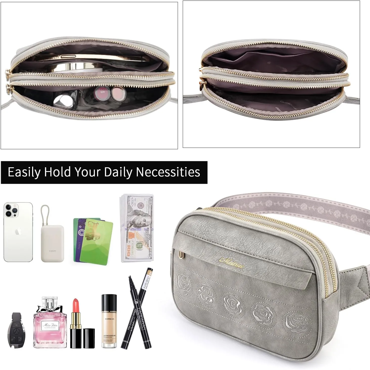 MEITRUE Belt Bag for Women Leather Fanny Pack Fashionable Small Crossbody Bags for Women Rose Embroidery Waist Bags with Adjustable Strap