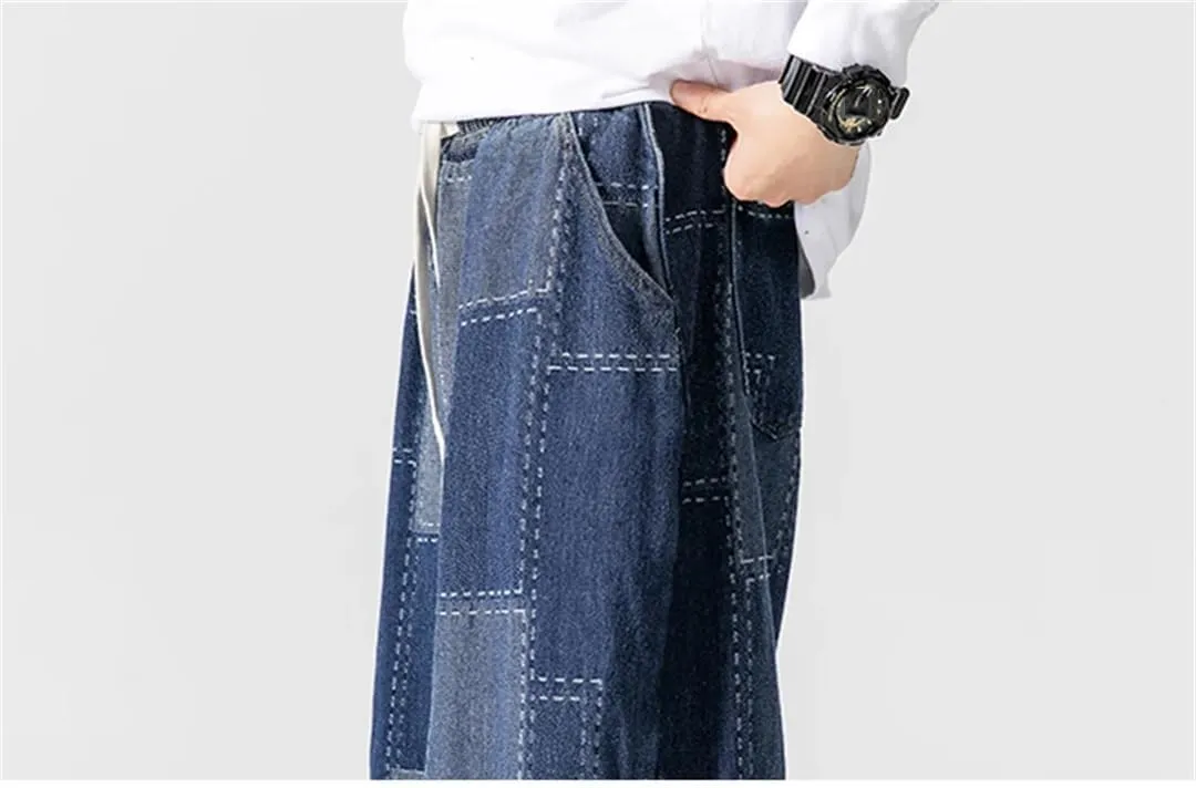 Men Loose Baggy Jeans Vintage Patchwork Hip Hop Denim Pants Straight Streetwear Casual Trousers