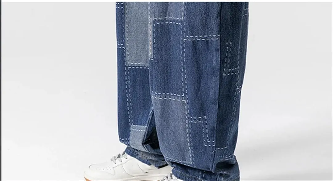 Men Loose Baggy Jeans Vintage Patchwork Hip Hop Denim Pants Straight Streetwear Casual Trousers