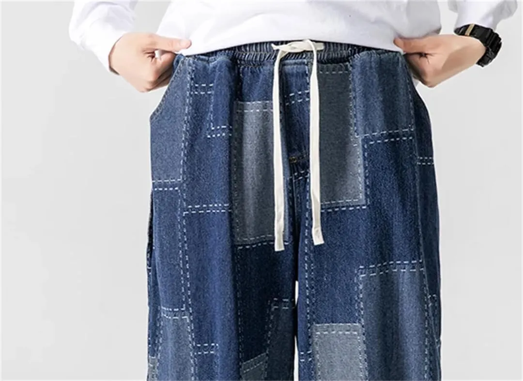 Men Loose Baggy Jeans Vintage Patchwork Hip Hop Denim Pants Straight Streetwear Casual Trousers