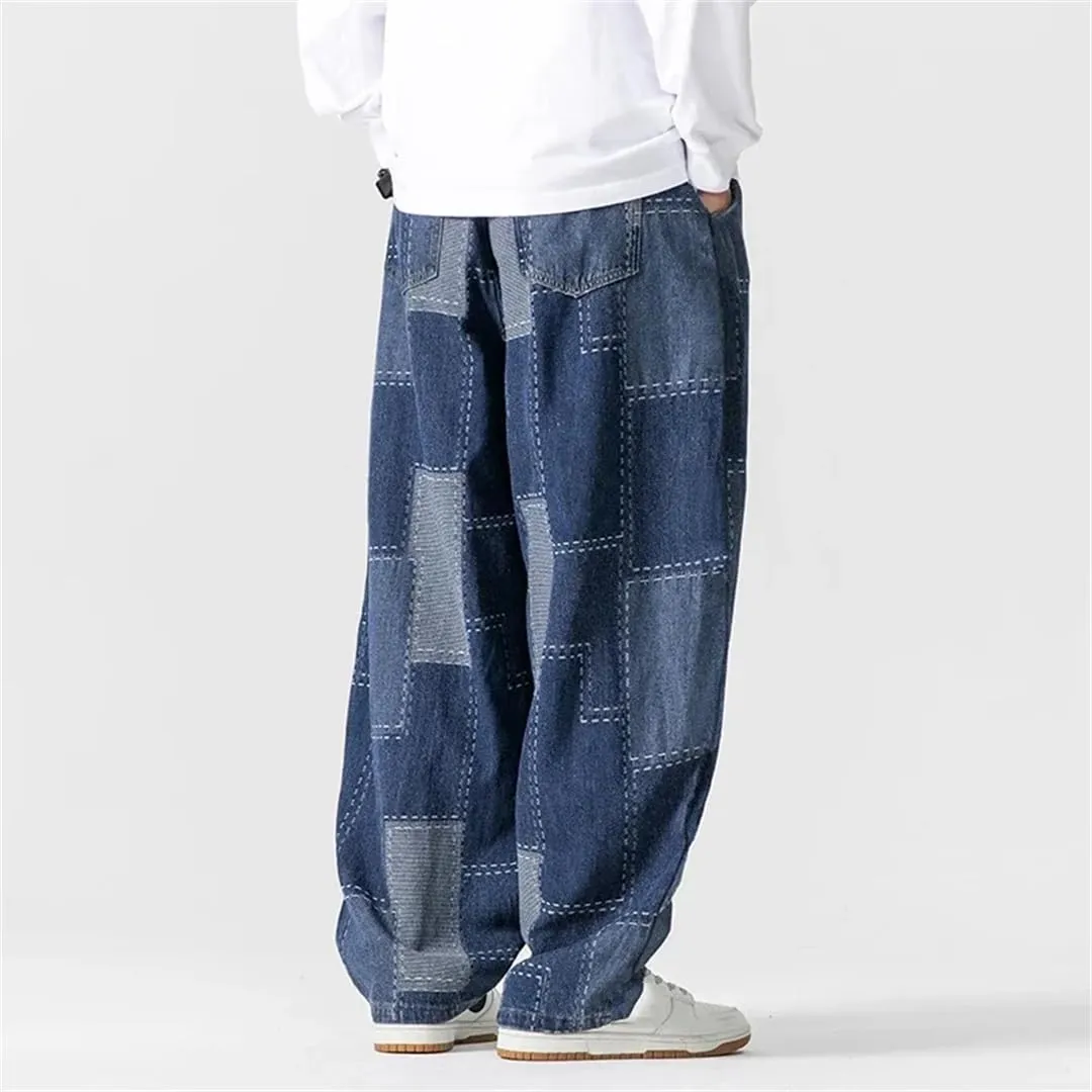 Men Loose Baggy Jeans Vintage Patchwork Hip Hop Denim Pants Straight Streetwear Casual Trousers