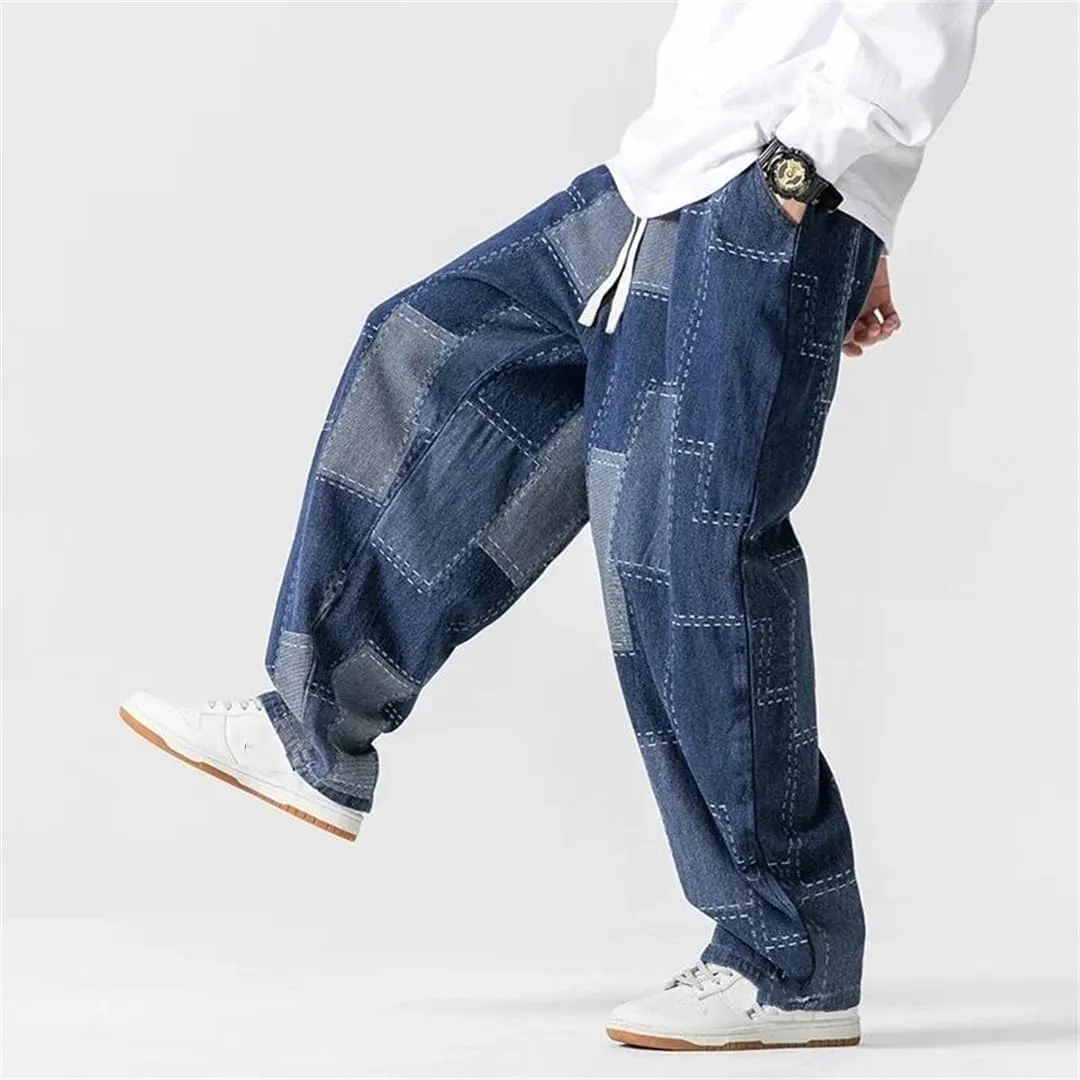 Men Loose Baggy Jeans Vintage Patchwork Hip Hop Denim Pants Straight Streetwear Casual Trousers