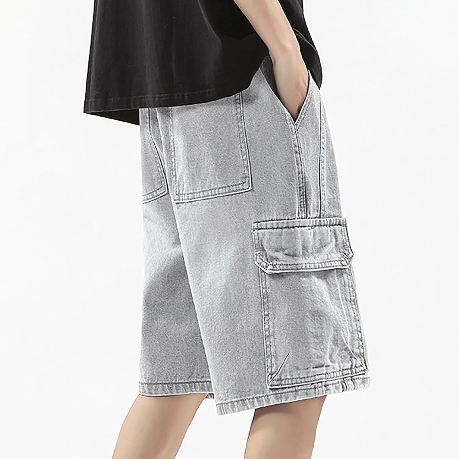 Men's Baggy Denim Jorts Y2K Grunge Loose Hip Hop Jean Shorts Summer Casual Mid Jeans Streetwear with Pockets