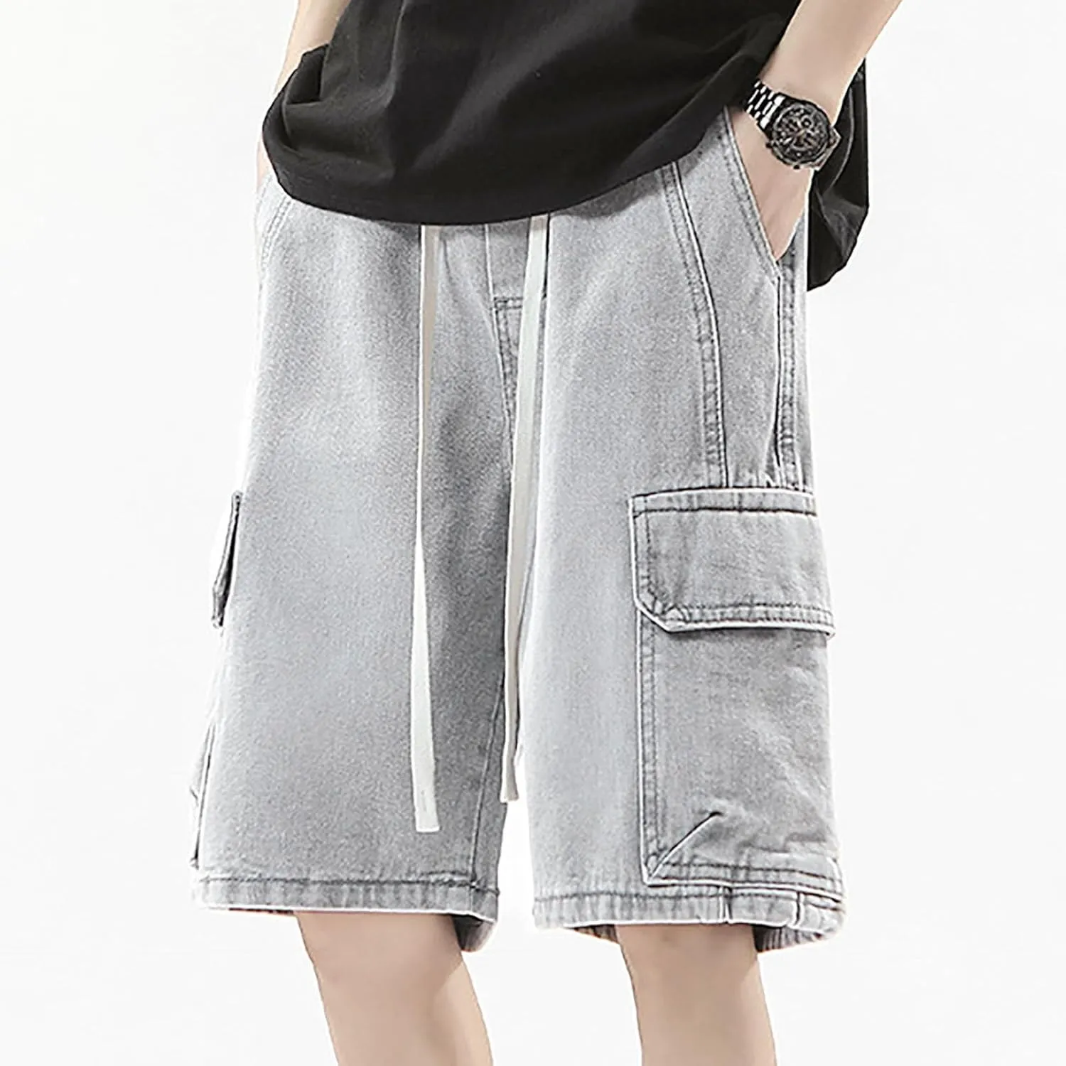 Men's Baggy Denim Jorts Y2K Grunge Loose Hip Hop Jean Shorts Summer Casual Mid Jeans Streetwear with Pockets