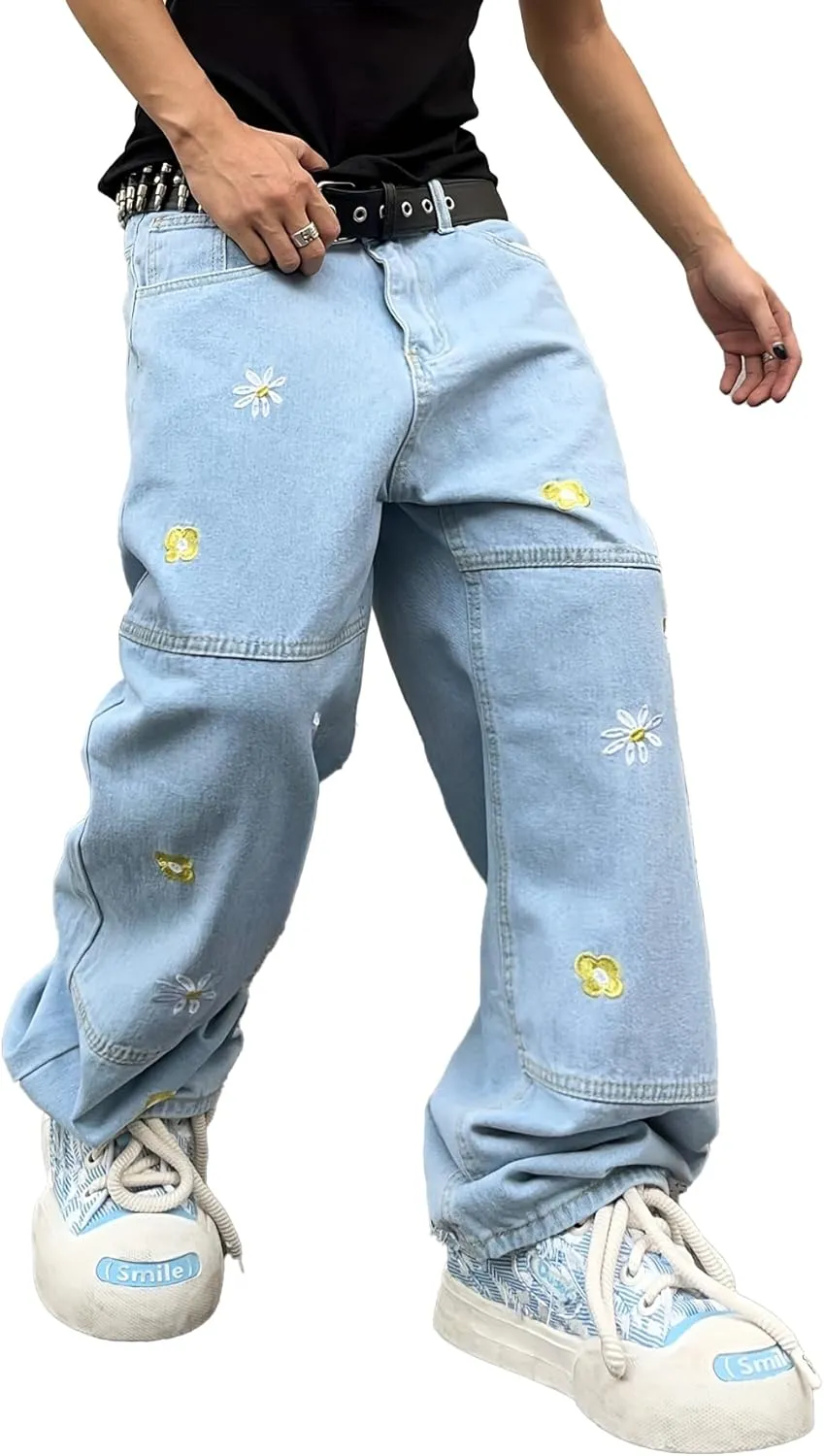 Mens Baggy Jeans Patchwork Flower Daisy Embroidery Skater Denim Pant Y2k Hip Hop Wide Leg Jeans