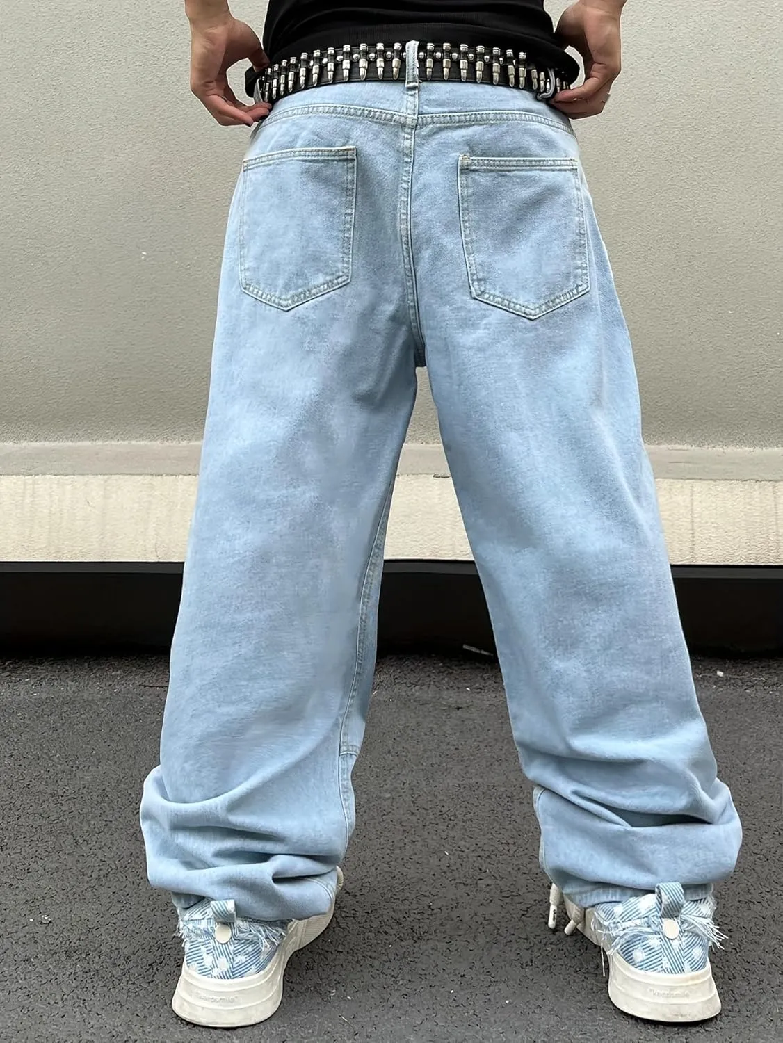 Mens Baggy Jeans Patchwork Flower Daisy Embroidery Skater Denim Pant Y2k Hip Hop Wide Leg Jeans