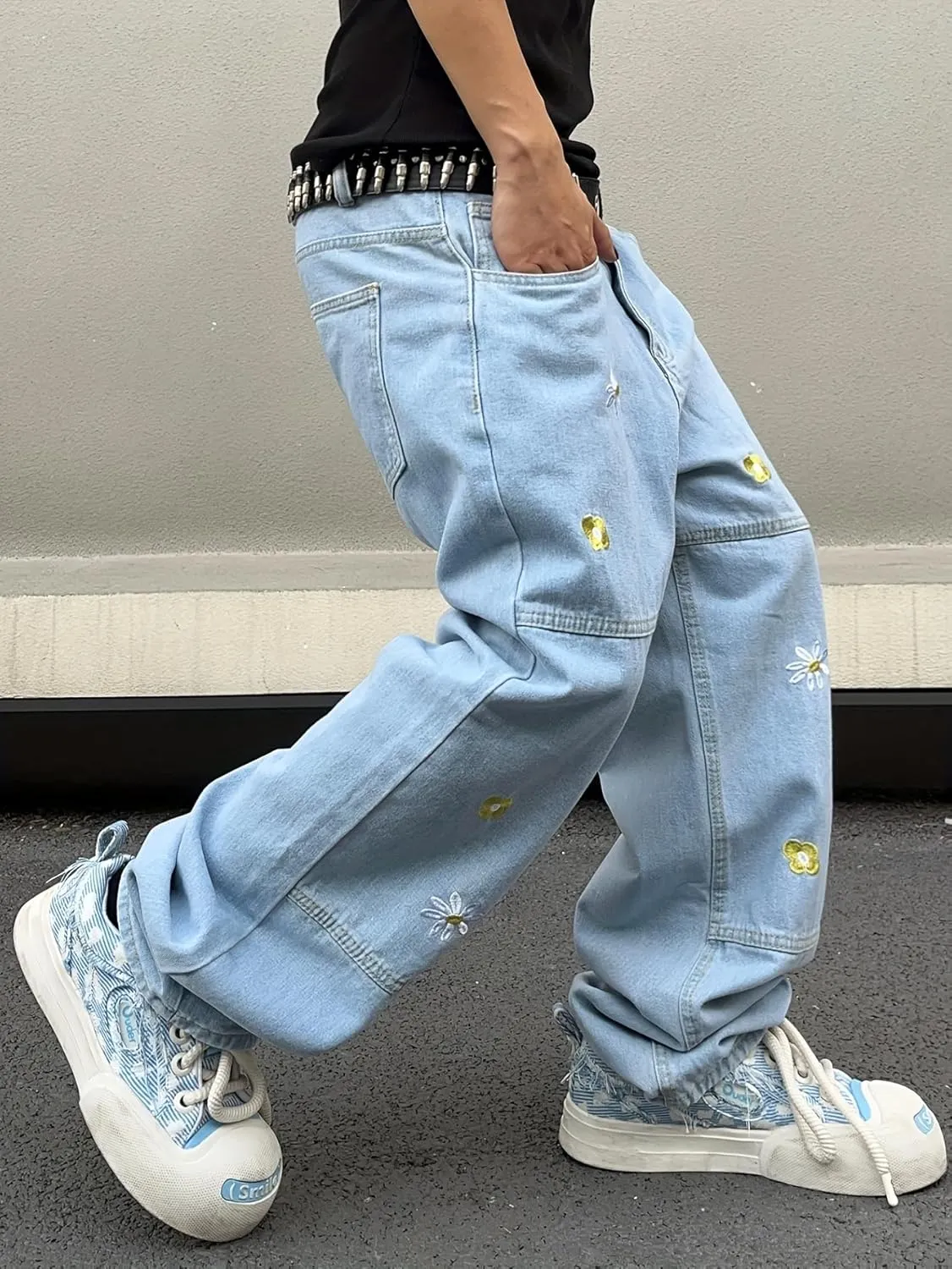 Mens Baggy Jeans Patchwork Flower Daisy Embroidery Skater Denim Pant Y2k Hip Hop Wide Leg Jeans