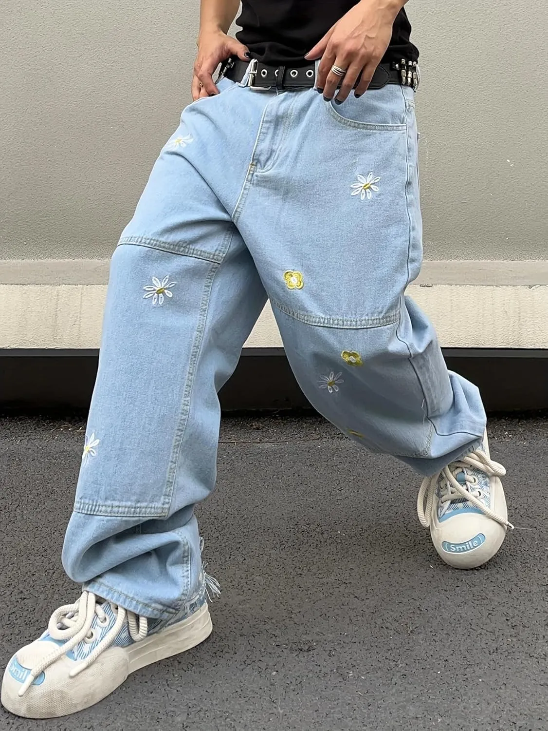 Mens Baggy Jeans Patchwork Flower Daisy Embroidery Skater Denim Pant Y2k Hip Hop Wide Leg Jeans
