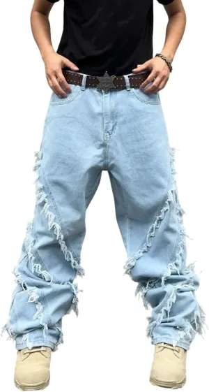 Mens Baggy Jeans Street Rock Style Fringe Frayed Edges Jeans Patchwork Wide Leg Skater Denim Pant