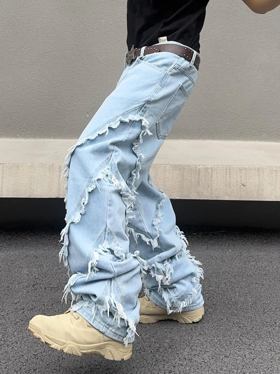 Mens Baggy Jeans Street Rock Style Fringe Frayed Edges Jeans Patchwork Wide Leg Skater Denim Pant