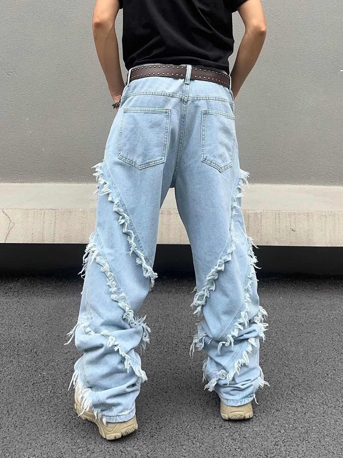 Mens Baggy Jeans Street Rock Style Fringe Frayed Edges Jeans Patchwork Wide Leg Skater Denim Pant