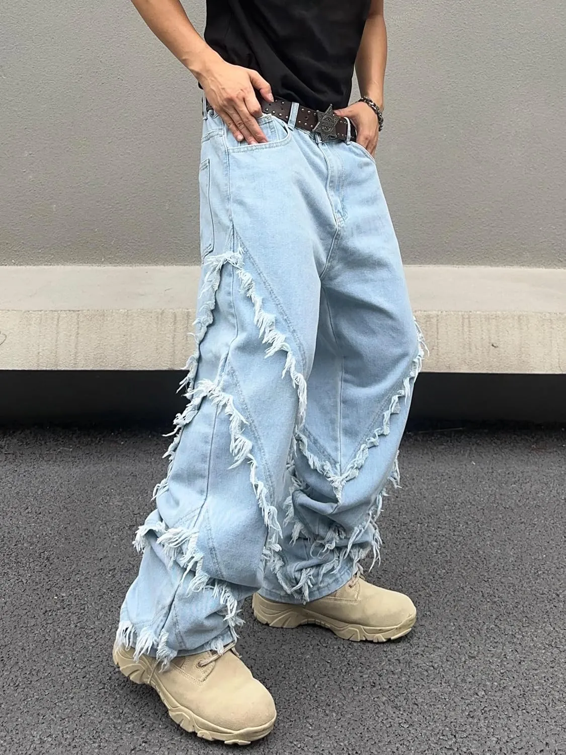 Mens Baggy Jeans Street Rock Style Fringe Frayed Edges Jeans Patchwork Wide Leg Skater Denim Pant