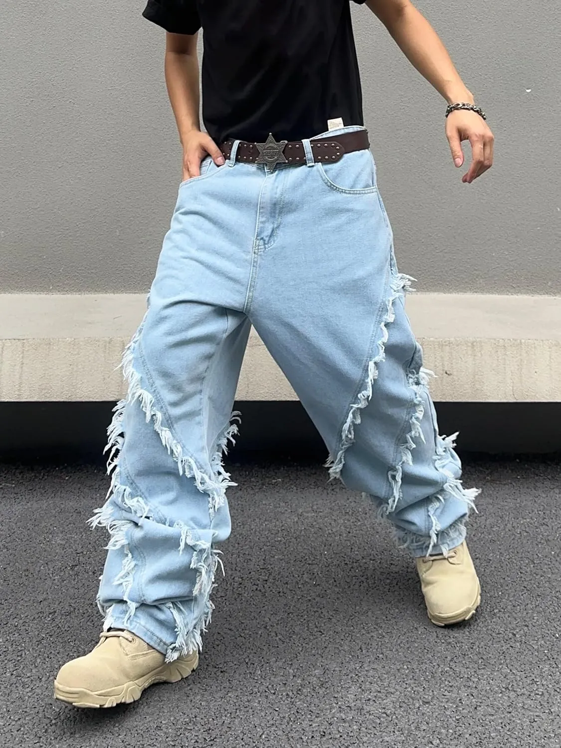 Mens Baggy Jeans Street Rock Style Fringe Frayed Edges Jeans Patchwork Wide Leg Skater Denim Pant