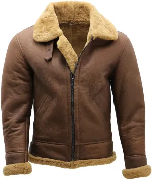 Men's Brown B3 Shearling Sheepskin WWII Bomber Leather Flying Aviator Jacket