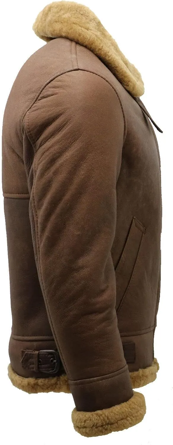 Men's Brown B3 Shearling Sheepskin WWII Bomber Leather Flying Aviator Jacket
