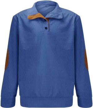 Mens Corduroy Shirts Casual Lapel Collar Button Up Pullover Mock Neck Long Sleeve Sweaters Casual Polo Sweatshirts