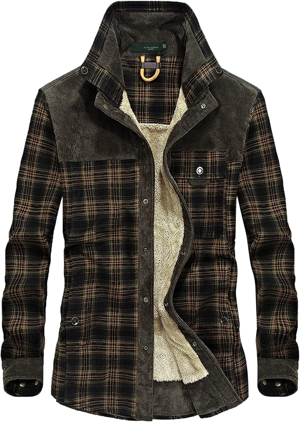 Mens Flannel Jacket Casual Plaid Print Lapel Button Down Pocket Long Sleeve Shirt Patchwork Heavy Warm Fleece Lined