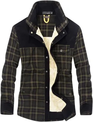 Mens Flannel Jacket Casual Plaid Print Lapel Button Down Pocket Long Sleeve Shirt Patchwork Heavy Warm Fleece Lined