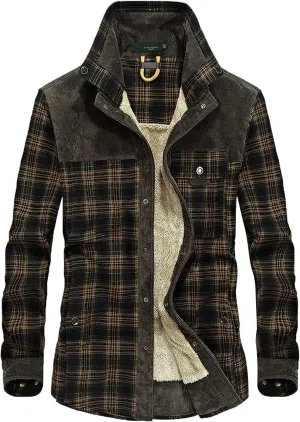 Mens Flannel Jacket Casual Plaid Print Lapel Button Down Pocket Long Sleeve Shirt Patchwork Heavy Warm Fleece Lined