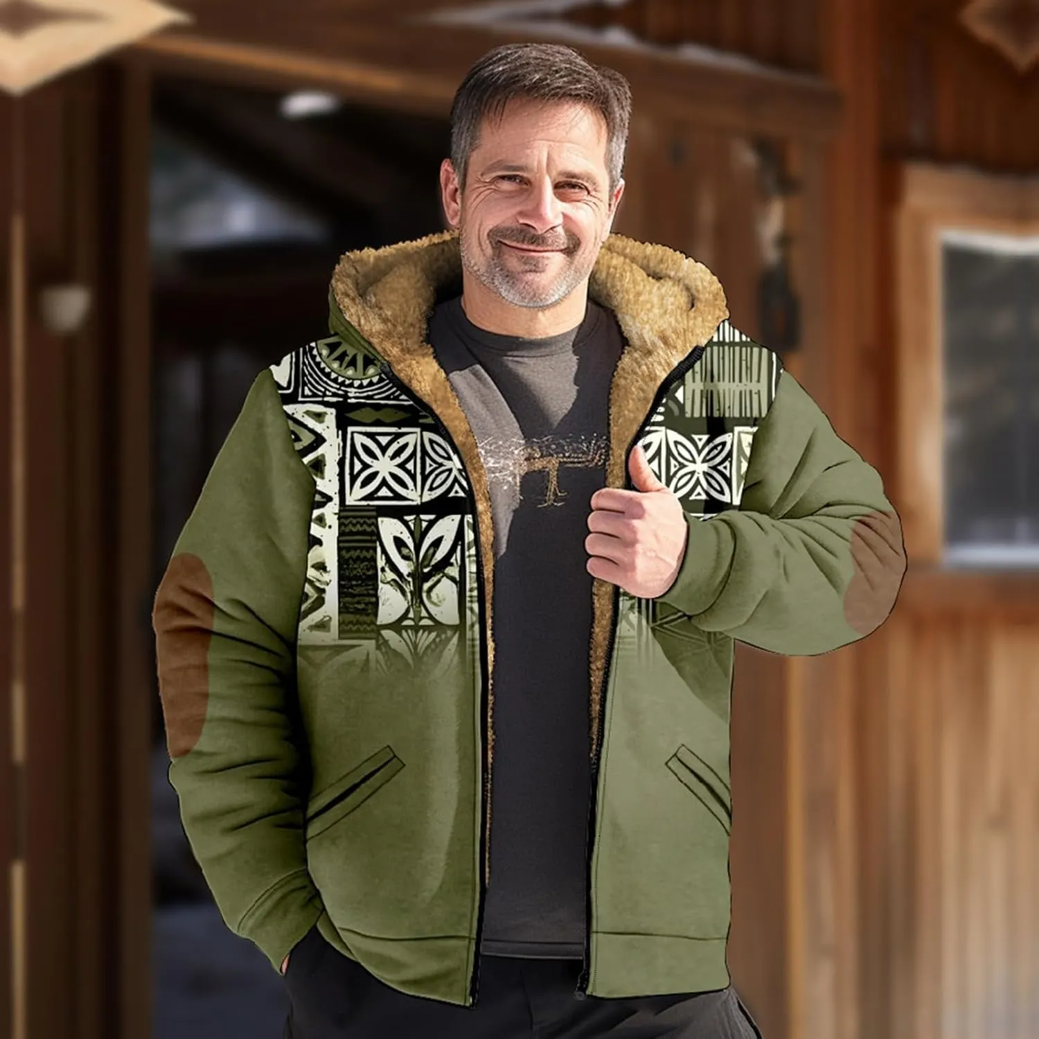 Mens Fleece Jacket Fuzzy Sherpa Jacket Western Aztec Print Vintage Sweatshirts Winter Warm Ethnic Casual Sweater Coat