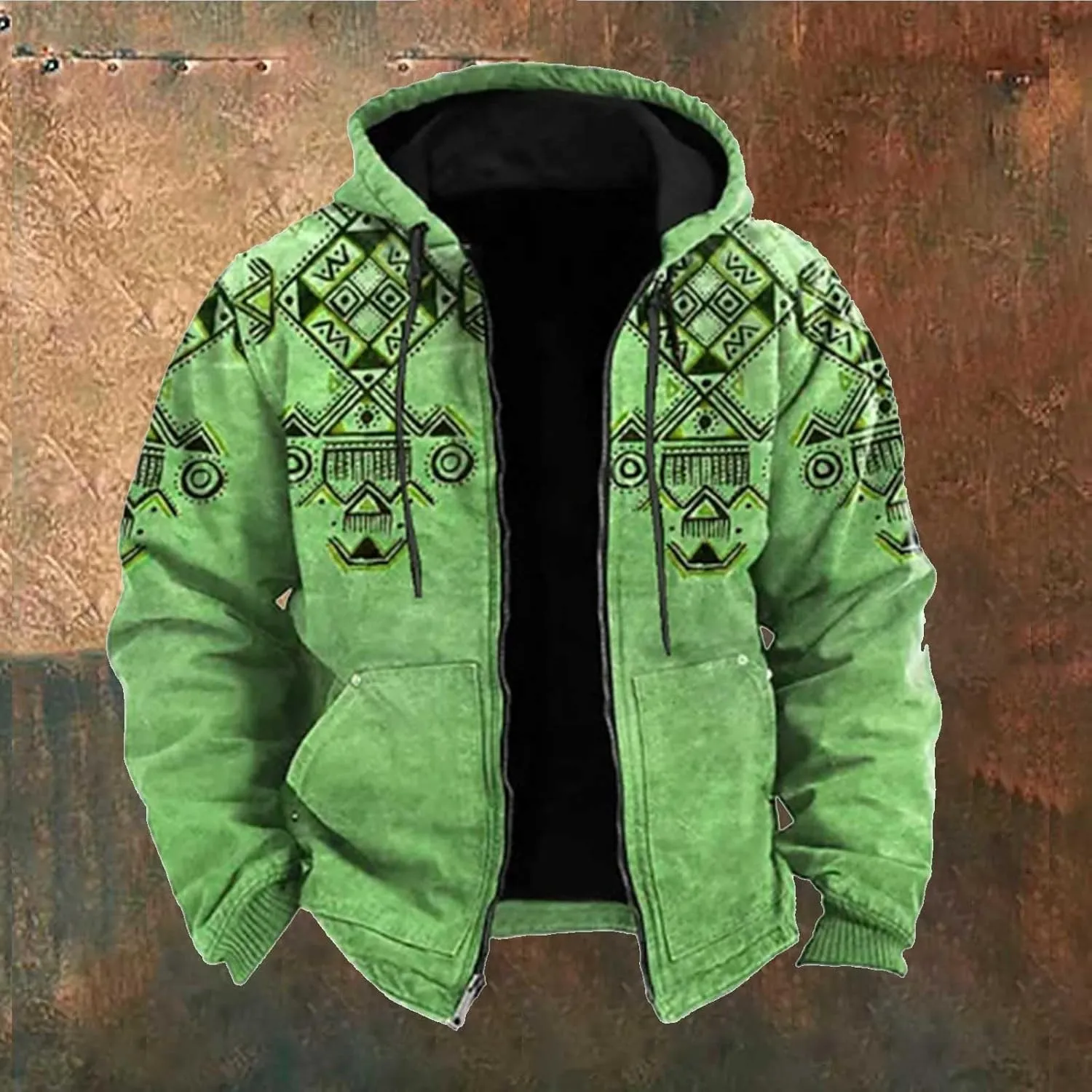 Mens Fleece Jacket Fuzzy Sherpa Jacket Western Aztec Print Vintage Sweatshirts Winter Warm Ethnic Casual Sweater Coat