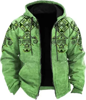 Mens Fleece Jacket Fuzzy Sherpa Jacket Western Aztec Print Vintage Sweatshirts Winter Warm Ethnic Casual Sweater Coat
